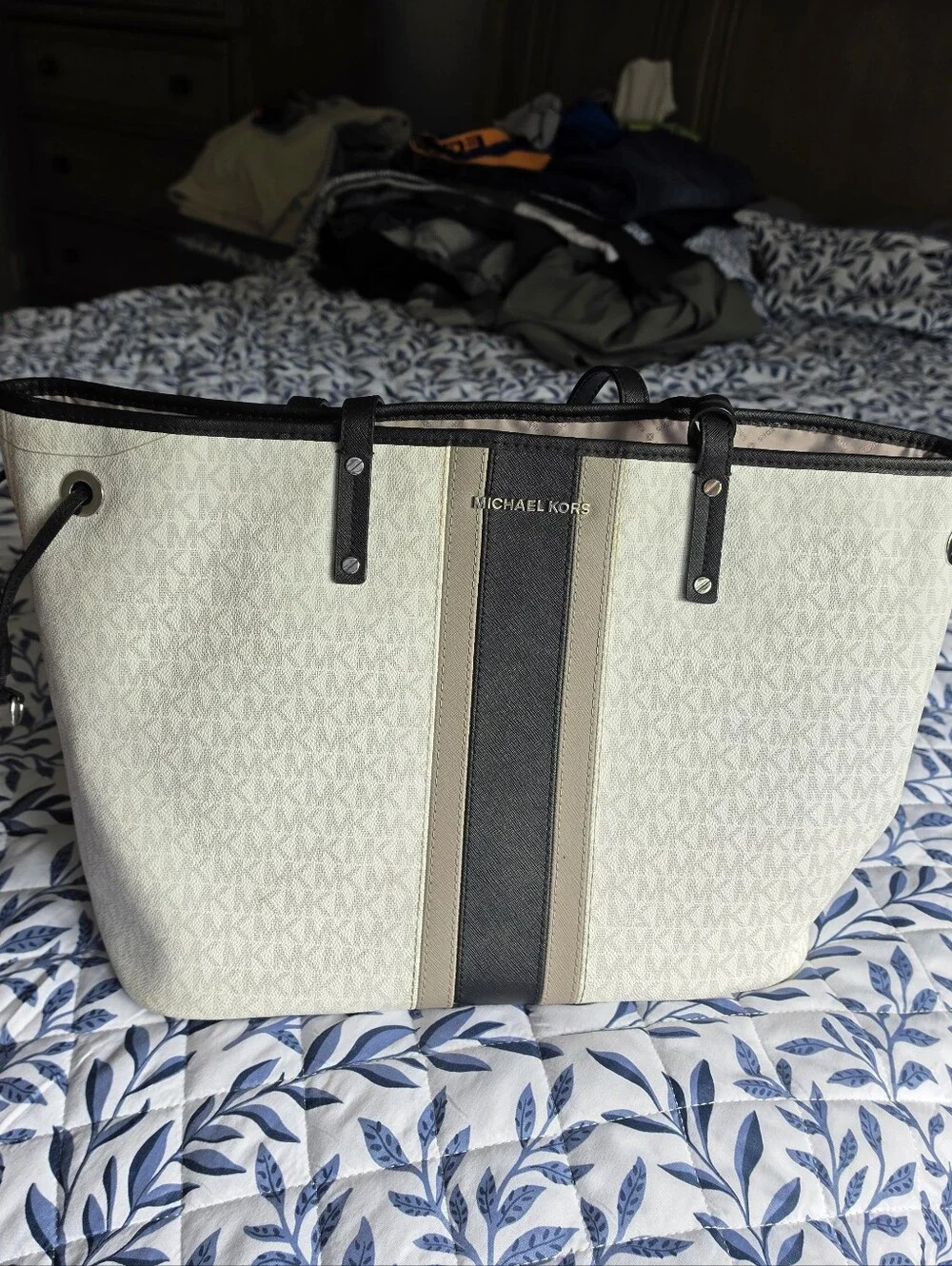 Michael Kors Cream Tote with Brown and Tan Center Stripe dust bag included